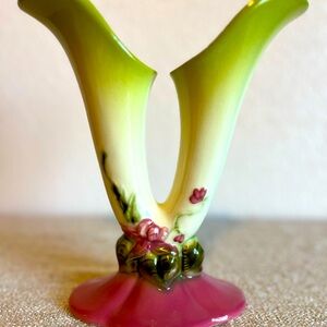 VINTAGE HULL VASE WOODLAND W15 - 8 1/2" MAUVE GREEN DOUBLE CORNUCOPIA  VASE